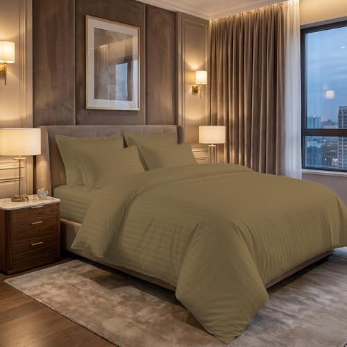 Image of LINENWALAS Cotton 300 Thread Count Single Size Bedsheet Set | 2 cm Sateen Stripe Design | Cloud-Soft, Breathable & Skin-Safe | Oeko-TEX Certified Hotel-Style Bedding (60 x 90, Mocha)