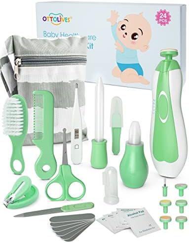 OTTOLIVES Baby Healthcare and Grooming Kit, 24 in 1 Baby Electric Nail Trimmer Set Newborn Nursery Health Care Set for Newborn Infant Toddlers Baby Boys Girls Kids (0-3 Years+) (Upgrade Green)