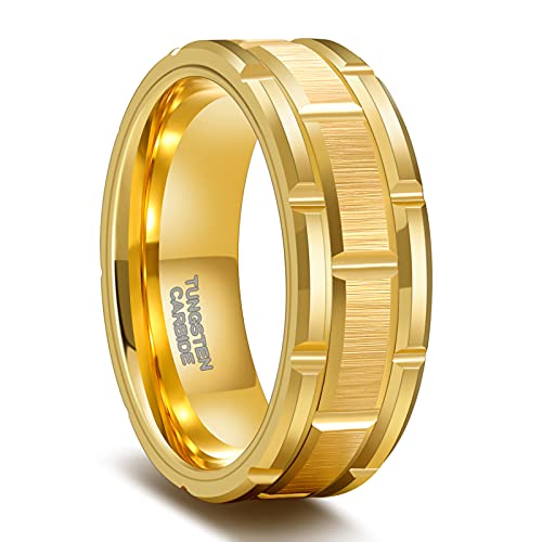 Greenpod 8Mm Gold Tungsten Carbide Rings For Men Brush Finish Brick Pattern Groove Polished Wedding Band For Him Size 9.5 #TOP7