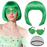 PLULON Green Bob Wig with Heart Sunglasses and Hair Cap, Colorful Short Bob Wigs Synthetic Party Wigs Funny Cosplay Hairpieces for Women Men Daily Bachelorette Halloween Costume Party Decorations