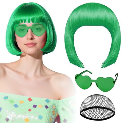 PLULON Green Bob Wig with Heart Sunglasses and Hair Cap Colorful Short Bob Wigs Synthetic Party Wigs Funny Cosplay Hairpieces for Women Men Neon Bachelorette Halloween Costume Party Decorations