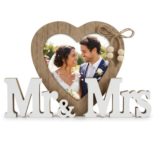 Image of Artomnivera Mr and Mrs Wedding Photo Frame Wooden Heart Picture Frame Wedding Gifts for Couple Bride and Groom Anniversary Engagement Newlywed Gift Decor Wood