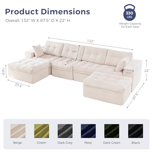 Image of MAXYOYO 132 inch U Shaped Modular Sectional Sofa with 2 Ottomans, Cloud Boneless Couch with Layered Cushion, Flexible Module Combination Sofa for Living Room, No Assembly Required, Beige