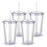 Zukro Clear Double Wall Plastic Tumbler with Lid and Straw 16 oz, 4 Pack