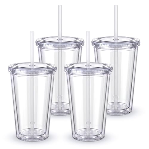 Zukro Clear Tumbler with Lid and Straw 16 oz, Wide Mouth Double Walled Insulated Reusable Acrylic Plastic Iced Coffee To Go Cup for Loaded Tea, Water, Lemonade, Fit in Cupholder, BPA Free, 4