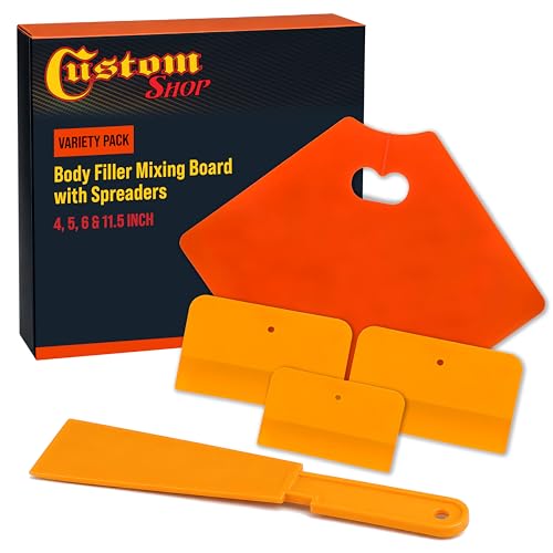 Custom Shop Body Filler Mixing Board with 4 5 & 6 Inch Plastic Body Filler Spreader Tools for Automotive Body Fillers Putties Glazes Epoxy Resin - Plastic Spreader Tool Variety Pack