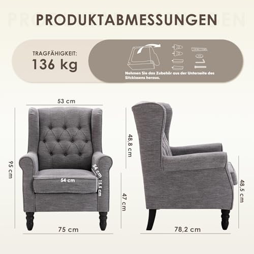 COLAMY Mid-Century Modern Sessel Wohnzimmer, Gepolsterter Wingback-Sessel mit Knopfsteppung, loungesessel Bezug aus Gewebe mit Massivholzbeinen für Wohnzimmer, Büro, Café - Dunkelgrau