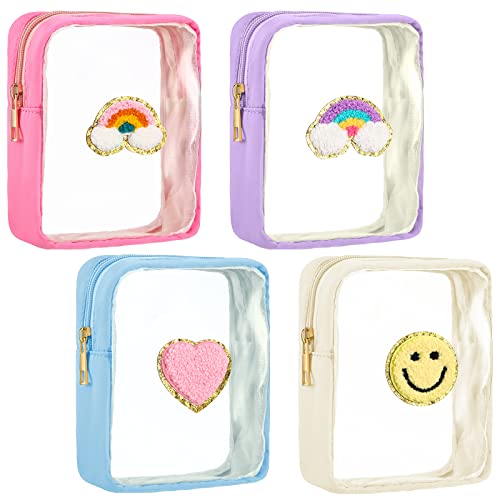 Spiareal 4 Pcs Preppy Patch Makeup Bag Cute Chenille Letter Pouch Cosmetic Toiletry Bag with Zipper Travel Organizer Stuff Skincare Cases for Women Nurse Graduation(Transparent Surface)