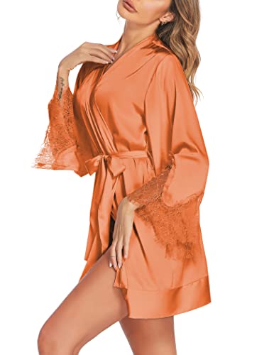 Ekouaer Robes For Women Lace Bridal Robe Short Satin Kimono Robe V Neck Bathrobe With Long Sleeve,Orange Xxl #TOP3