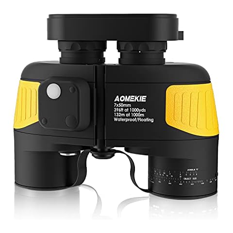 Aomekie Marine Binoculars 7x50 for Adults BAK4 Compass Waterproof Binocular with Illuminated Rangefinder Case and Strap Porro Prism Cover