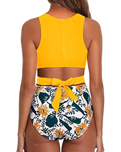 Tempt Me Yellow Floral One Piece Swimsuits Tummy Control Cutout Bathing Suit For Teen Girls Zip Up Monokini S #TOP1