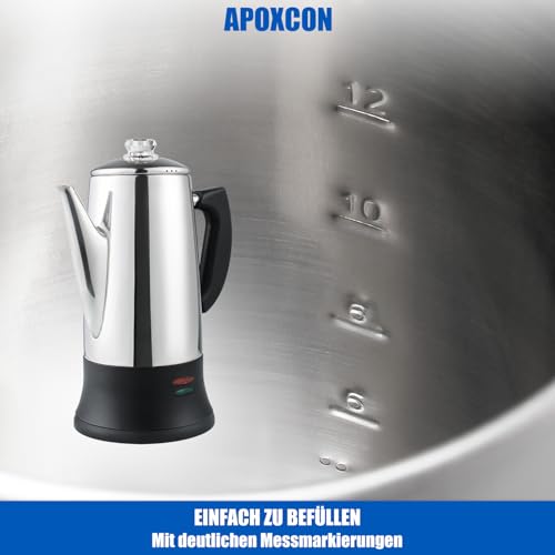 APOXCON Elektrischer Kaffee Perkolator für 12 Tassen – CE-zertifiziert, Klassischer Kaffeebehälter mit Hitzebeständigem Glasknopf & Schnellbrühsystem | Kabelloser Servierer