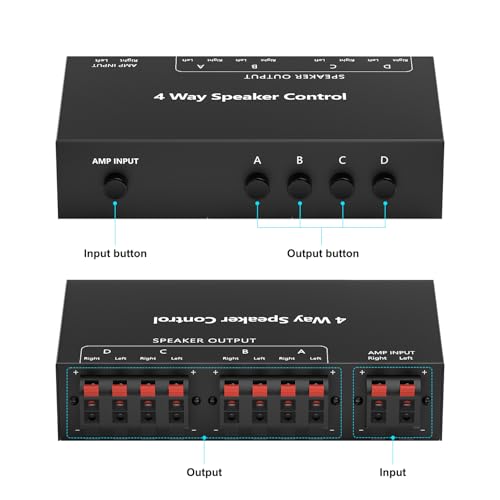 Image of LVY Speaker Selector Switch with A /B /C /D Switches for Multi-Channel High-Power Amp Installations - Supports up to 4 Pairs of Switched Speakers in Black