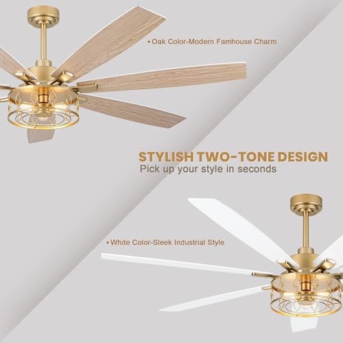 Image of Dawn Whisper 72 Inch Large Ceiling Fans with Lights Modern White Gold Farmhouse Ceiling Fan for Living Room Bedroom 6 Speed Reversible Quiet DC Motor