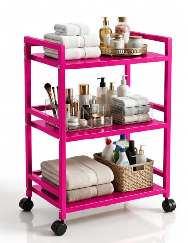 Image of WINSTAR Metal Rolling Trolley with Lockable Wheels | Heavy Duty Multifunctional Metal Frame Cart | Ideal for Home, Kitchen, Bathroom and Office Storage | (Fuchsia Pink, 3-Tier)