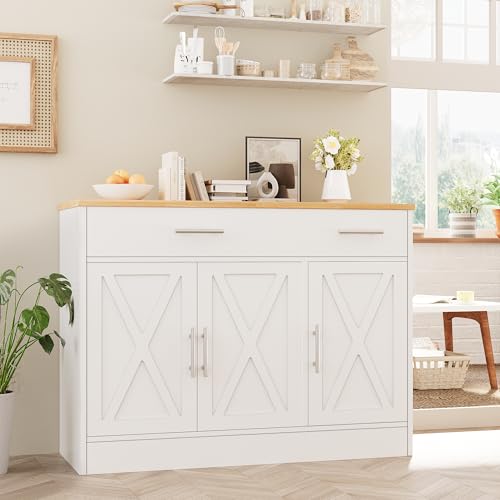 Vongrasig Buffet Cabinet with Drawers, 43” Coffee Bar Cabinet Farmhouse Kitchen Buffet Storage Cabinet with 3 Doors, Wood Buffet Table for Kitchen Living Room,White