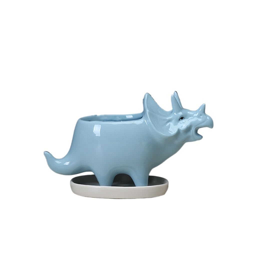 GELASIGE Flower Pots Creative Triceratops Succulent Flowerpot, Indoor Tabletop Ceramic Flowerpot, Flowerpot With Tray Outdoor Flower Pots(C)