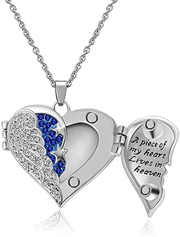 Heart Crystal Urn Necklace for Ashes A Piece Of My Heart Lives In Heaven Cremation Jewelry Angel Wings Memorial Keepsake Pendant (Blue)