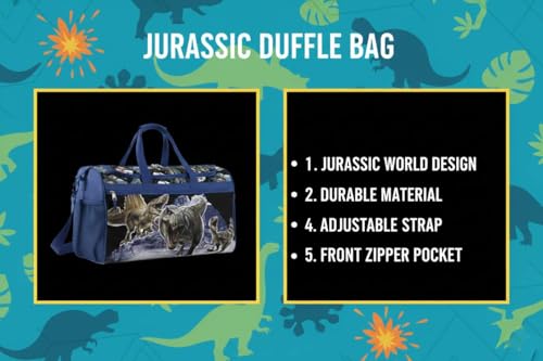 Image of Jurassic World Kids Duffle Bag 16.5 inch - Dinosaur Travel & Sports Bag with Zipper Pocket, Mesh Side Pockets & Strap