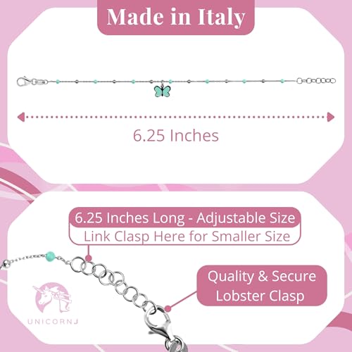 Image of UNICORNJ Sterling Silver Kids Bracelet for Girls Heart Butterfly Charm Enamel Hand Painted | Made in Italy | Bead Chain 6.25 inch