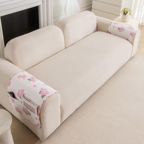 Image of HOMETHREADS Anti-Skid Sofa Protector Mat: Premium Printed Cotton Slipcover with Strong PVC Non-Slip Backing, (White Pink, 2Pc Armrest Mat | 50x75cm)