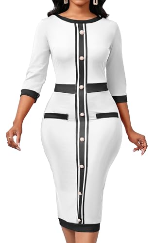 Image of CuteCherry Women's Church Dress Long Sleeve Bow Tie Neck Bodycon Work | High Waist Bodycon Knee Length Business Pencil Bow Tie Neck Long Sleeve Slim Fit Work