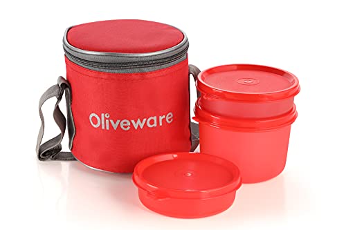Oliveware – Polypropylene Lunch Box Set Red- Bag With 3 Containers | Idle For Office Use | Microwave Safe Leak Proof | Full Meal | Easy To Carry