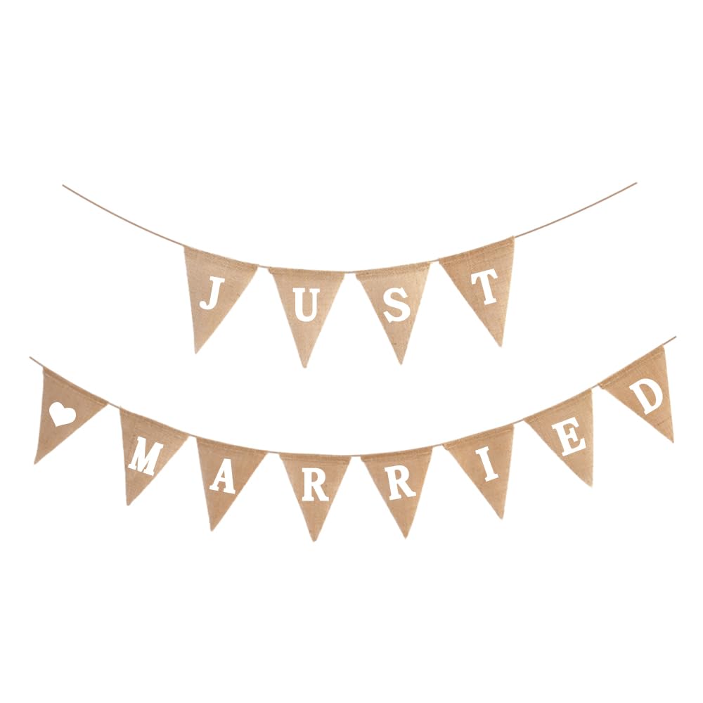 Ceihwa Banderines de Boda Vintage Guirnalda Banderines Just Married Banner Banderín de Arpillera Banderolas Fiesta Tela Banderines de Lino Just Married Decoracion para Boda Despedida de Soltera