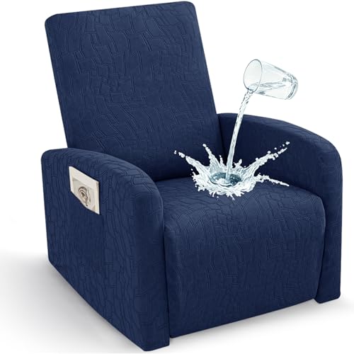 Image of ZNSAYOTX 100% Waterproof Recliner Chair Covers, 3-Piece Stretch Fit Recliner Slipcovers with Buckle & Elastic Band for Lazy Boy, Stay in Place, Soft Plaid Jacquard Protector (Small, Navy Blue)