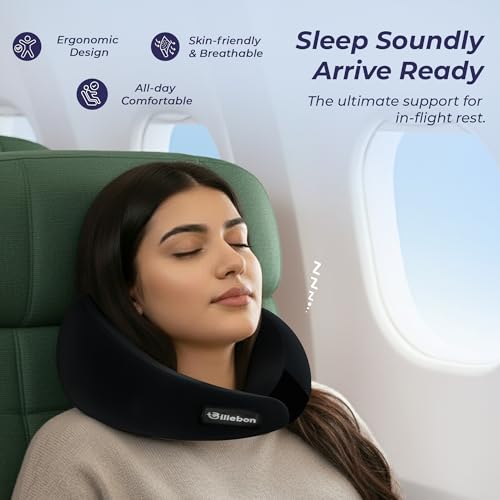 Image of Billebon Gel Infused Memory Foam Neck Pillow with Case, Travel Pillow with Adjustable Velcro Straps, Neck Pillow for Travelling & Flight Travel, Ergonomic Support for Comfort & Pain Relief (Black)