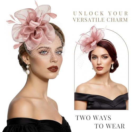 Image of DRESHOW Fascinators Hat Feather Headband Women's Fascinators Tea Party Headwear with Clip Flower Head Band for Girls & Women