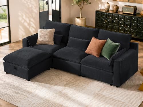 Image of WorthFurni Modern Modular Sectional Sofa,103 inch L Shape Minimalist Couch with Storage Ottoman,Comfty 4 Seat Sofa for Living Room,Black Chenille