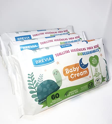 PACK 3 Toallitas biodegradables bebé BREVIA. Hidratantes con aloe vera y tejido de origen natural. Desechables por el inodoro. 3 paquetes de 60 toallitas (180 toallitas en total).