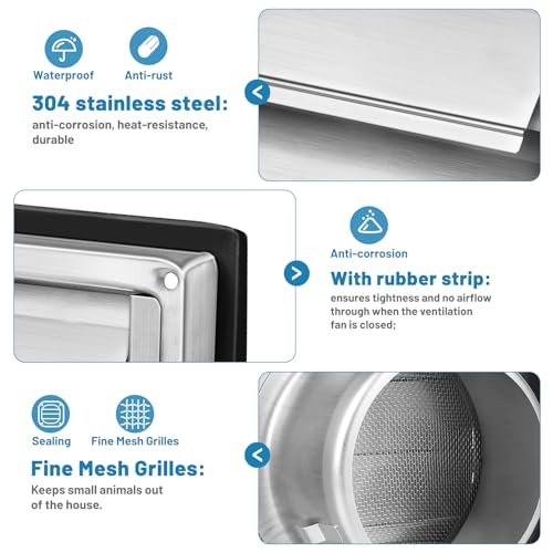 LALAGO Ventilation Grille 150 mm with Insect Protection Grille, 304 Stainless Steel Backflow Flap, Weather Protection Grille - Image 4