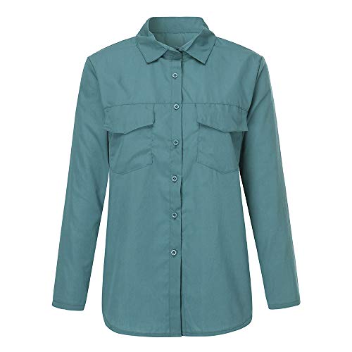 Chaofanjiancai Women Casual Long Sleeve Turn Down Collar Pockets Button Front Solid Shirt Tops Blue