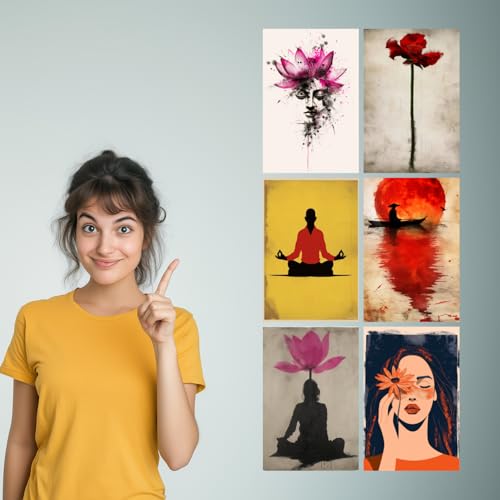 Image of SiddArtify Serene Moments - Abstract Pink - Red - Black Buddha - Lotus - Floral Art Print Set - 300GSM Board - 8x12 Inch - Pack of 6 Wall Room Decoration art Poster Prints