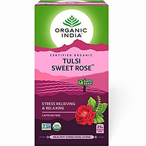 Tulsi Sweet Rose - 25 bolsitas de té de infusión en cada paquete de grasa para ajustar, paquete de 3 + taza de cerámica gratis