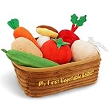 June Garden My First Vegetable Basket - 7 Pcs Plush Interactive Pretend Play Food Playset - Includes Basket Carrier, Cucumber, Carrot, Tomato, Potato, Mushroom, Radish and Garlic - Ages 2+