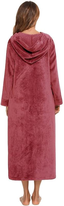 Women's Hooded Plush Robe Winter Warm Flannel Fleece Bathrobe with Pockets Long Soft Zipper Front Robe - Image 3