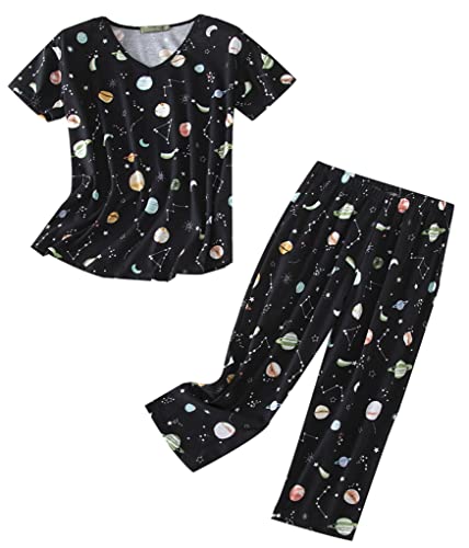 Image of PNAEONG Women Pajama Set Sleepwear Tops with Capri Pants Casual and Fun Prints Pajama Sets