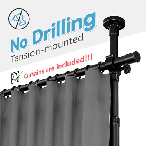 Image of JILRON No-Drill Divider for Room Separation Set: Includes 106 inch W x 96 inch L Grey Curtain & Adjustable Pole Brackets (35-100 inch W x 43-120 inch H Adjustable Range)