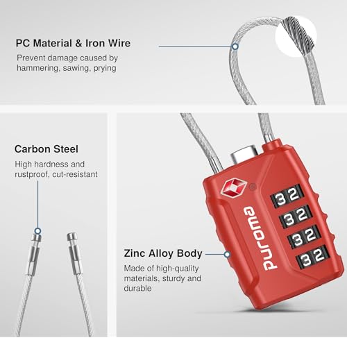 Image of Puroma TSA Approved Luggage Lock, 4 Digit Combination Travel Locks Resettable Code Lock with Zinc Alloy Body for Suitcase, Toolbox, Backpack, Bag, Gym Locker, Basic Red, secure