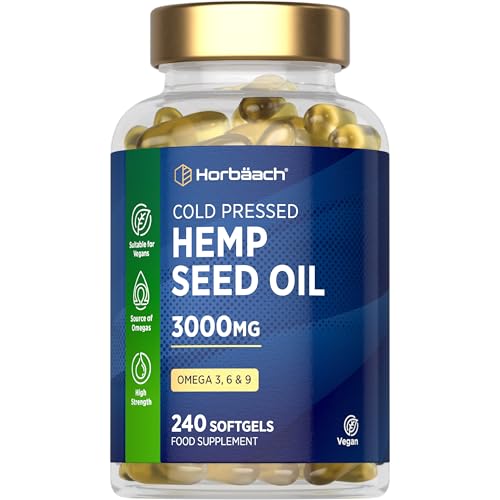 Hemp Seed Oil Capsules High Strength | 240 Softgels | 3000mg | Cold Pressed Supplement with Omega 3 6 and 9 | By Horbaach