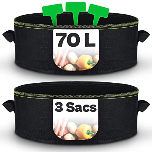 Praknu Sac de Plantation 70l - 3 Sacs a Plantes avec Fenêtre et Étiquettes - Pot Geotextile Pots pour Plantes, Fleurs, Fraisess