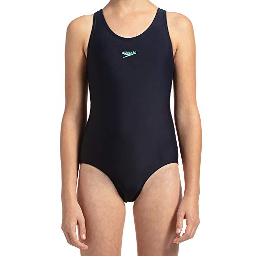 Image of Speedo Girl's Endurance 10 High Chlorine Resistant UPF 40+ Sun Protection Lycra Racerback Swimwear - True Navy & Green Glow