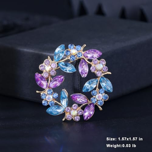 Image of Flower Wreath Brooches for Women Round Floral Rhinestone Lapel Pins Broach Blazer Dress Denim Jacket Clothes Badge Bridal Wedding Birthday Party Jewelry Gifts