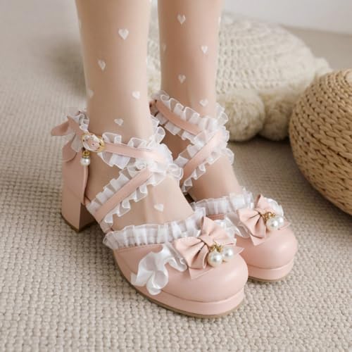 Women's Cross Ankle Strap Lolita Shoes Block Heel Platform Sandals Closed Round Toe Dress Shoes with Bow4