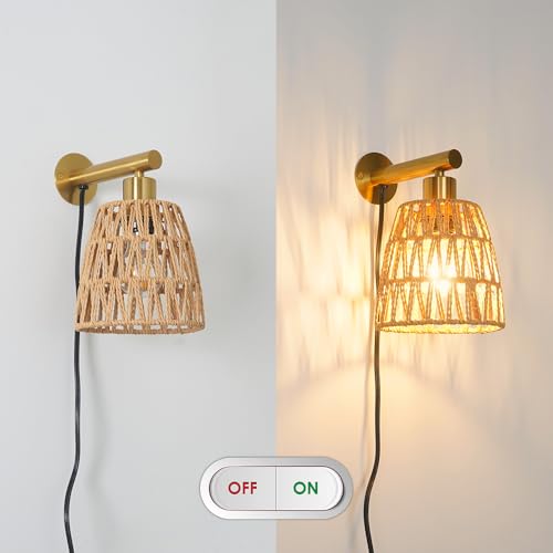 Image of Boho Plug in Wall Sconce Set of 2, Gold Plug Sconces Set of 2, Rattan Sconce Light Fixture with 5.9FT On /Off Switch Cord, Farmhouse Wall Mounted Light for Bedroom Living Room Reading Hallway