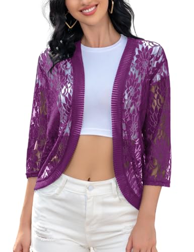 Image of FindThy Women's Floral Lace Shrug Cardigan 3 /4 Sleeve Crochet Bolero Jacket