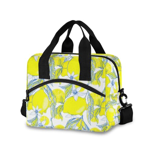 Sinestour Insulated Lunch Bag Reusable Cooler Lemon Flowers Yellow Lunch Box Adjustable Shoulder Strap for School Office Picnic